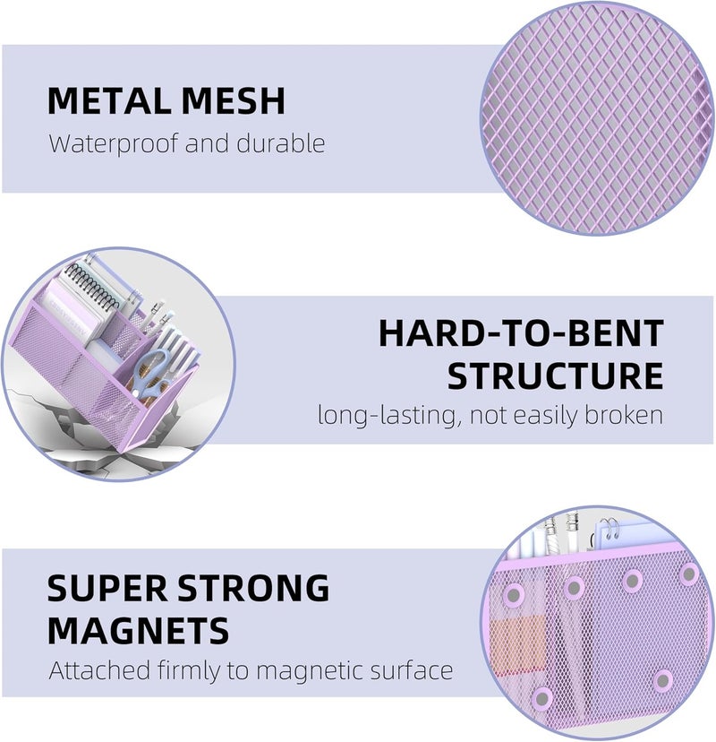 DALTACK Magnetic Pencil Holder - 3-Grid Mesh Shelf for Whiteboard, Refrigerator & Locker - Organizer for Home, School & Office, Purple - Image 4